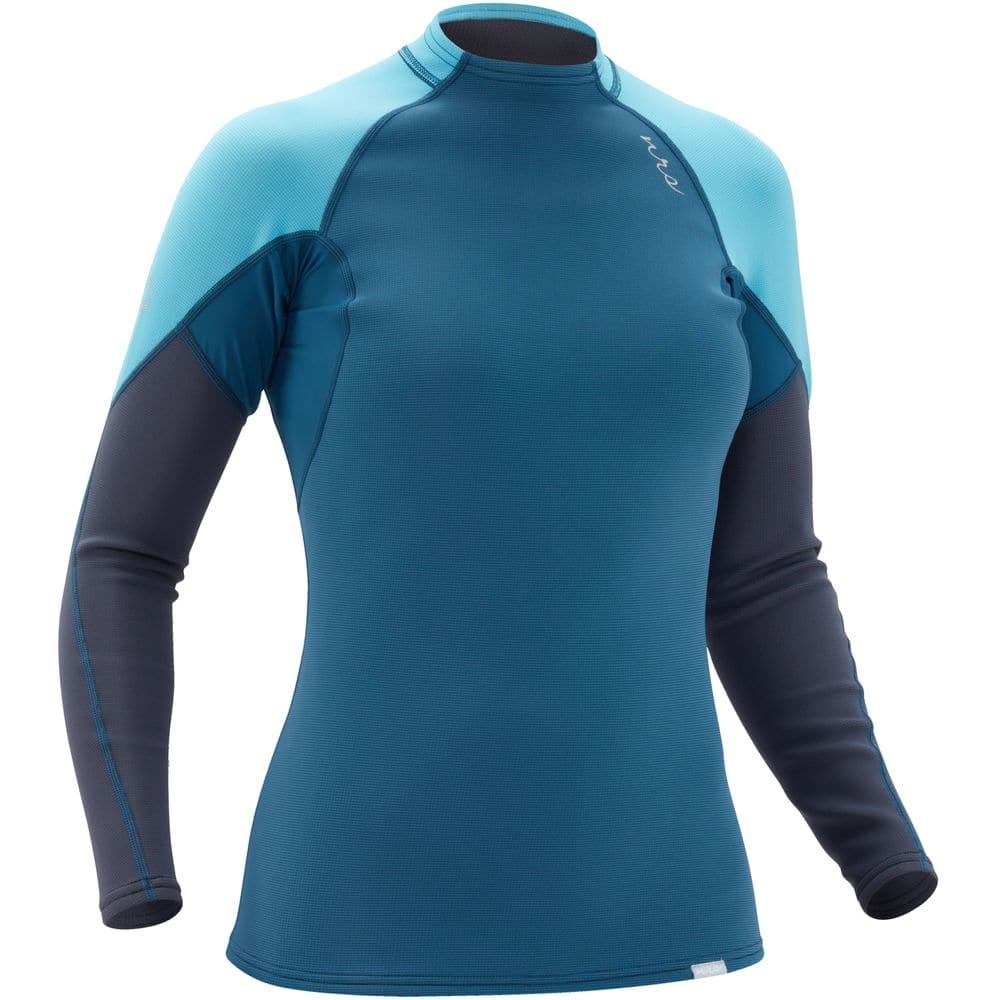 The NRS Hydroskin 0.5 Long Sleeve Shirt - Women's is a women's long-sleeved wetsuit in blue and grey, perfect for layering in your outdoor adventure ensemble.