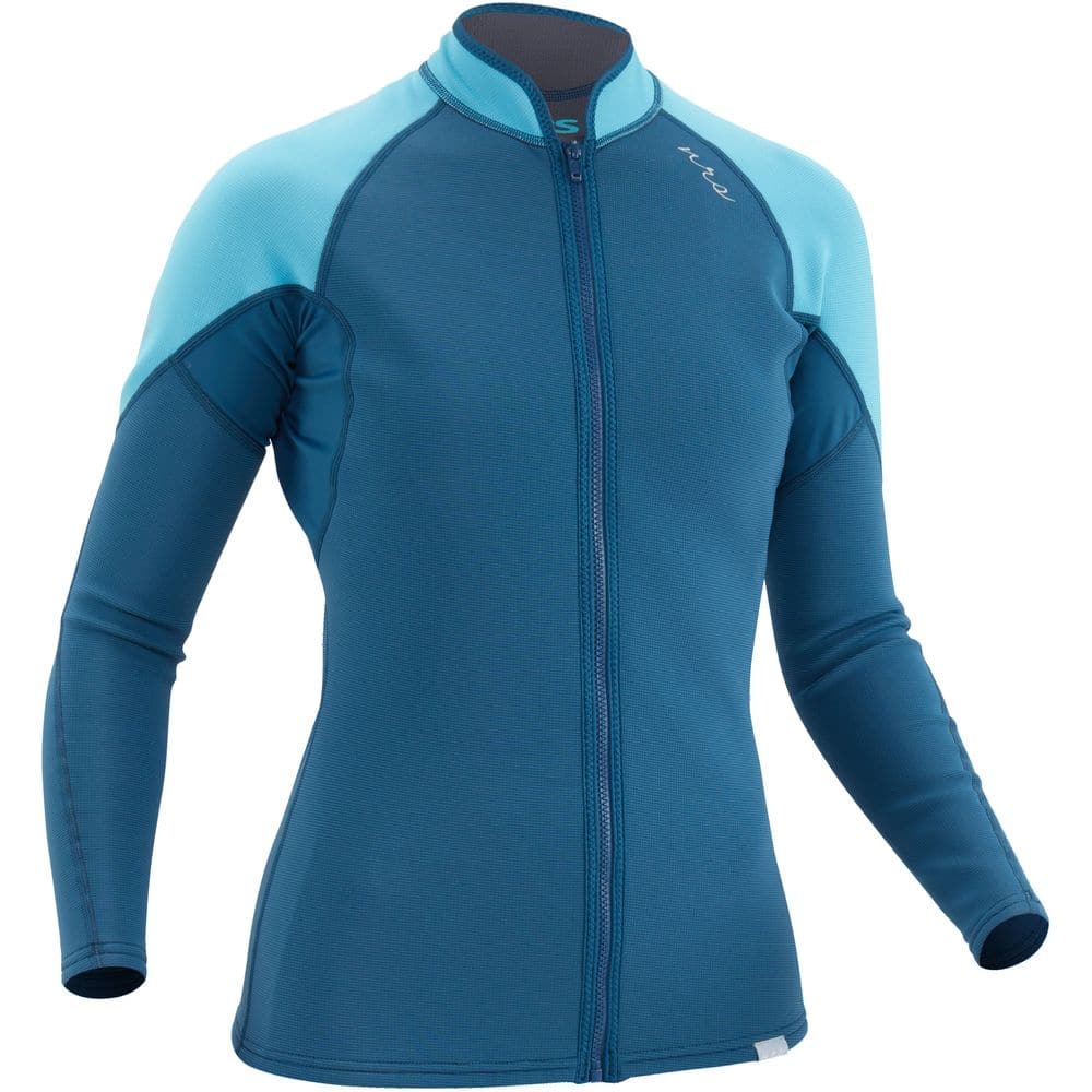A blue women's neoprene NRS Hydroskin 0.5 Jacket, perfect for layering in the water retention.