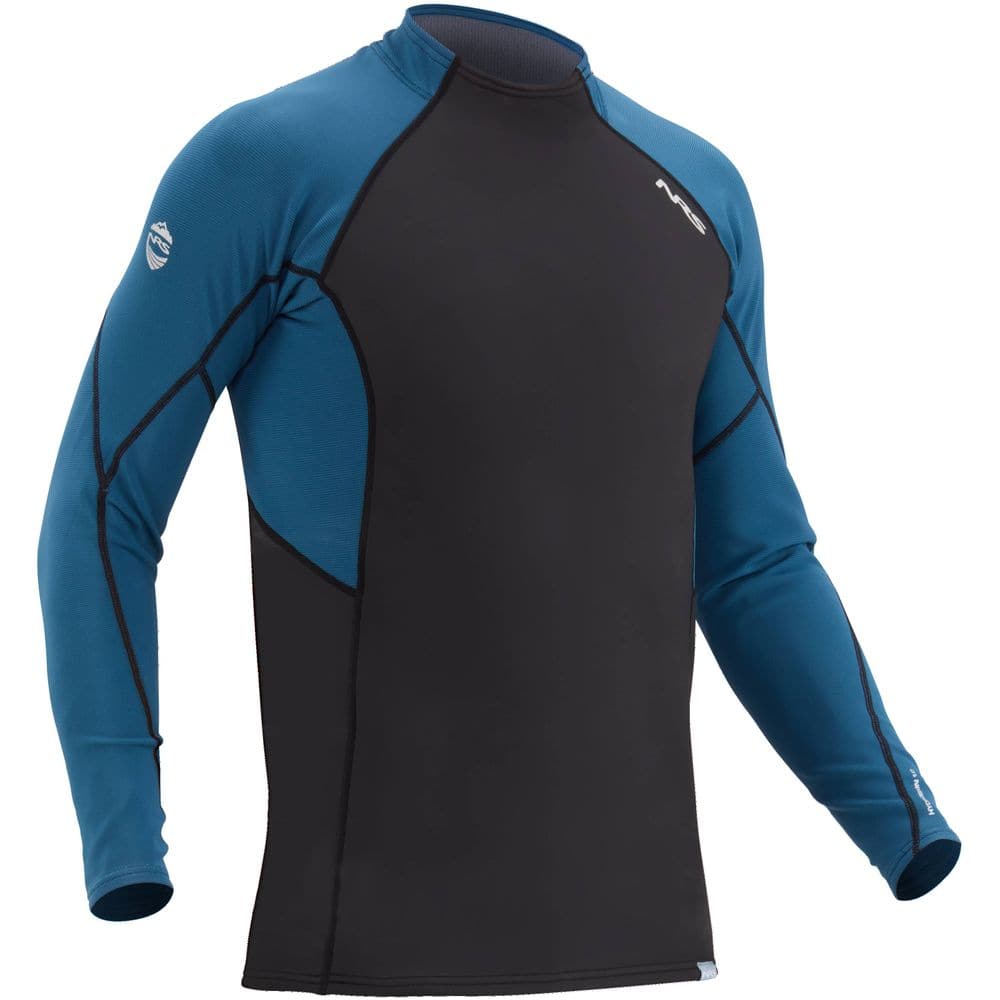 The Hydroskin 1.0 Long Sleeve Shirt - Men's in blue and black is made with NRS Hydroskin for cold water activities.