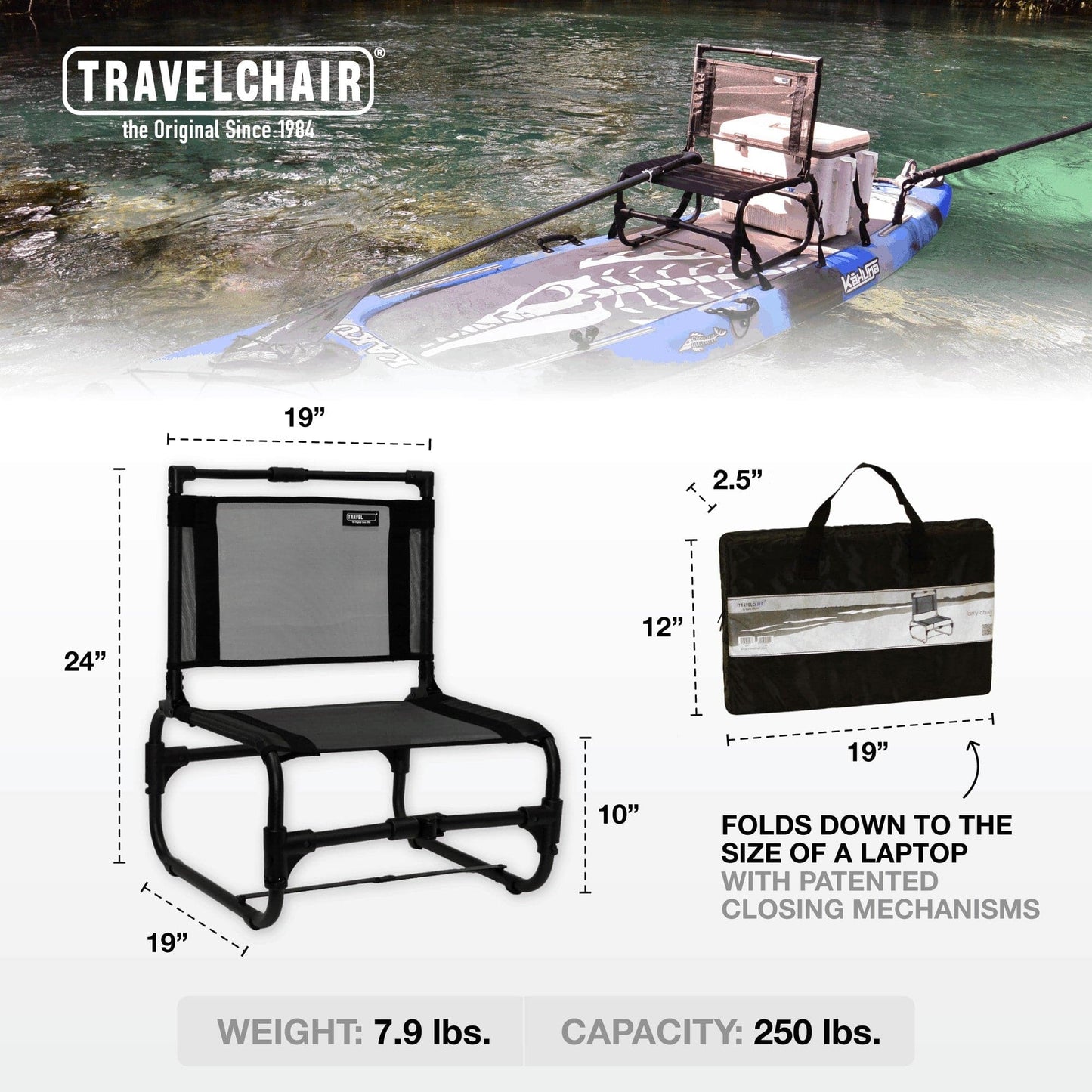 Featuring the Larry Chair camp chair, sup accessory manufactured by Travel Chair shown here from a second angle.