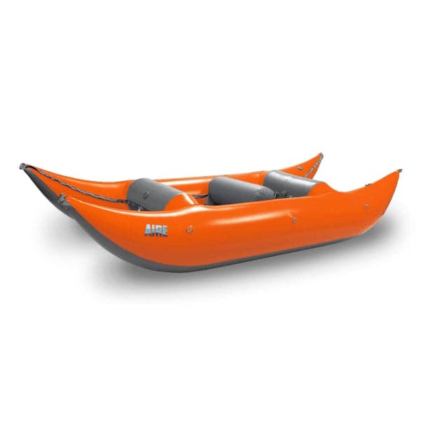Featuring the Sabertooth 12' Paddle Cat cataraft manufactured by AIRE shown here from an eighth angle.