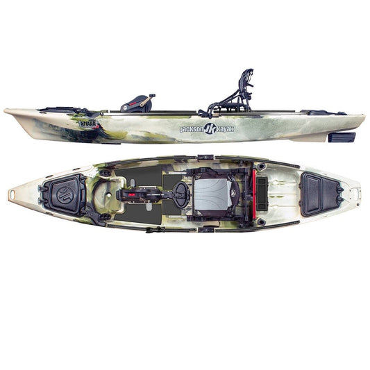A fishing kayak with a Jackson Kayak Knarr FD 13'9 and a seat.