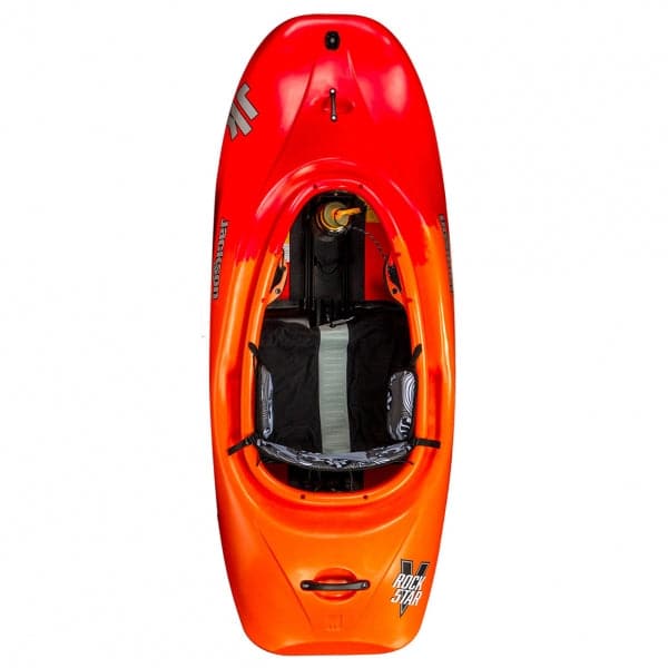 Featuring the RockStar V freestyle kayak, new, play boat manufactured by Jackson Kayak shown here from an eighth angle.