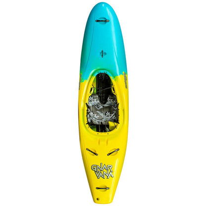 Featuring the Gnarvana creek boat, new, pre-order, river runner kayak manufactured by Jackson Kayak shown here from one angle.