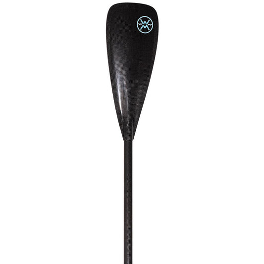 The Werner Paddles Trance 95 is a lightweight adjustable SUP paddle made from black carbon fiber, with a teardrop-shaped blade and a logo near the top, designed for your comfort.