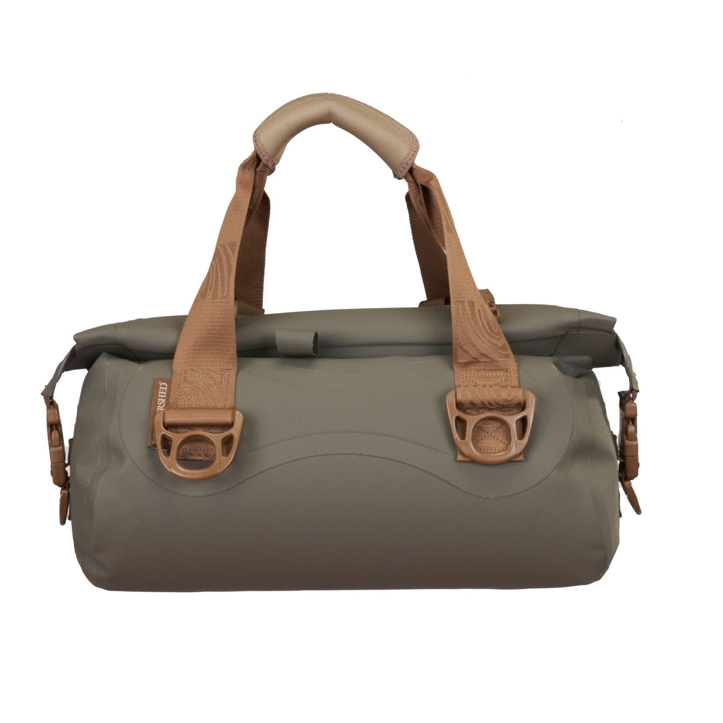 A Watershed Goforth Duffel with a brown handle.