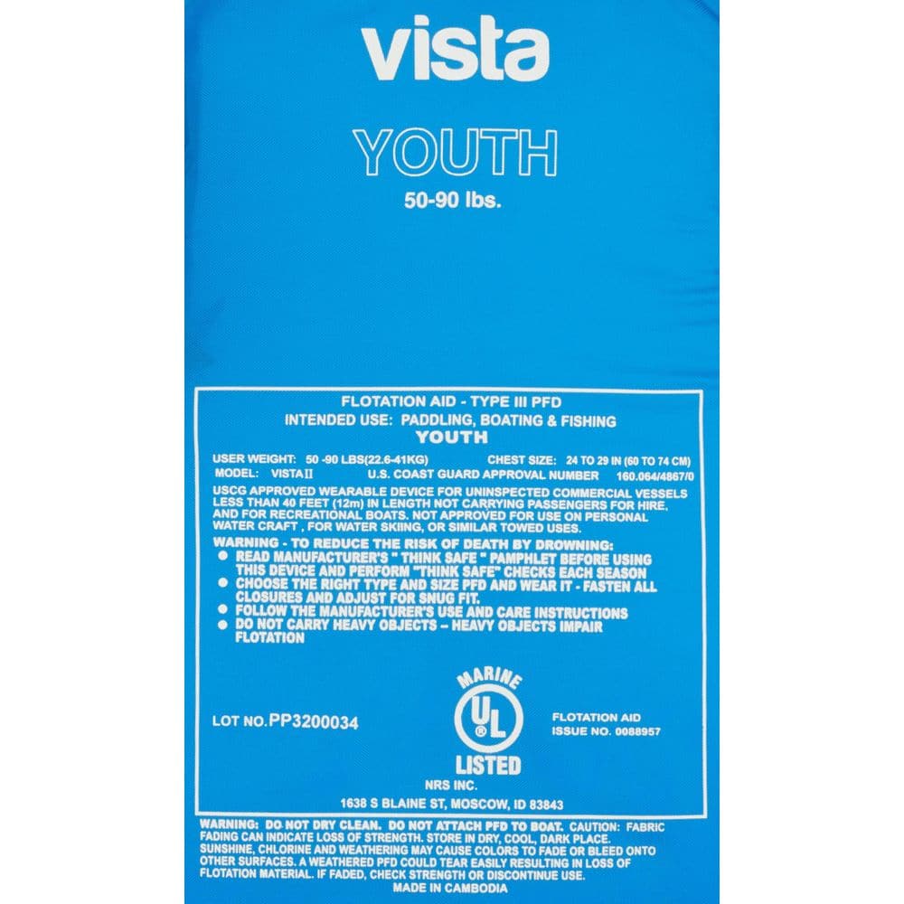 Featuring the Vista Youth PFD kid's pfd manufactured by NRS shown here from an eighth angle.