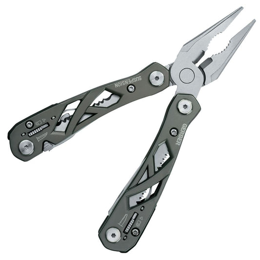Featuring the Gerber Suspension Multi-Tool  manufactured by Gerber shown here from one angle.