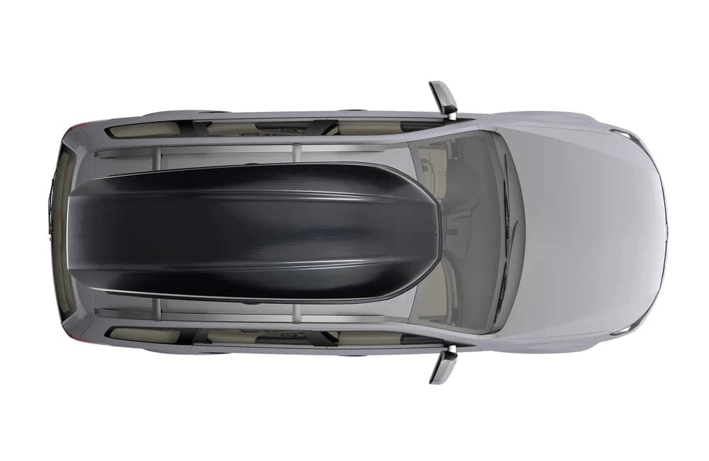 Featuring the Skybox 18 Carbonite cargo box, storage manufactured by Yakima shown here from a second angle.