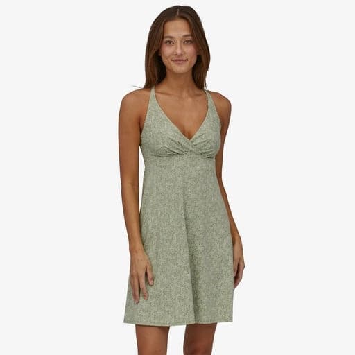 Featuring the Amber Dawn Dress - Womens casual, women's sun wear, women's swim wear manufactured by Patagonia shown here from one angle.