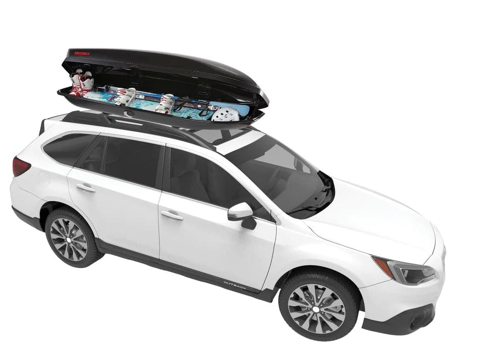 Featuring the Skybox 12 Carbonite cargo box, storage manufactured by Yakima shown here from a third angle.
