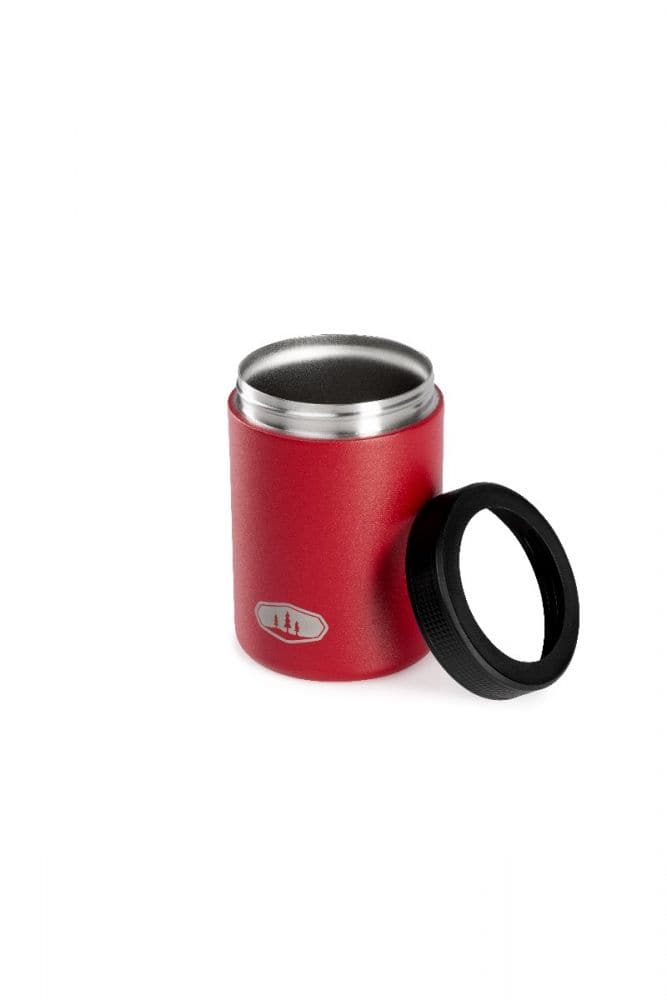 The GSI Outdoors Standard Can Cozy is a red insulated container with double-wall insulation and a black screw-on lid beside it, ensuring it's BPA-free for peace of mind.