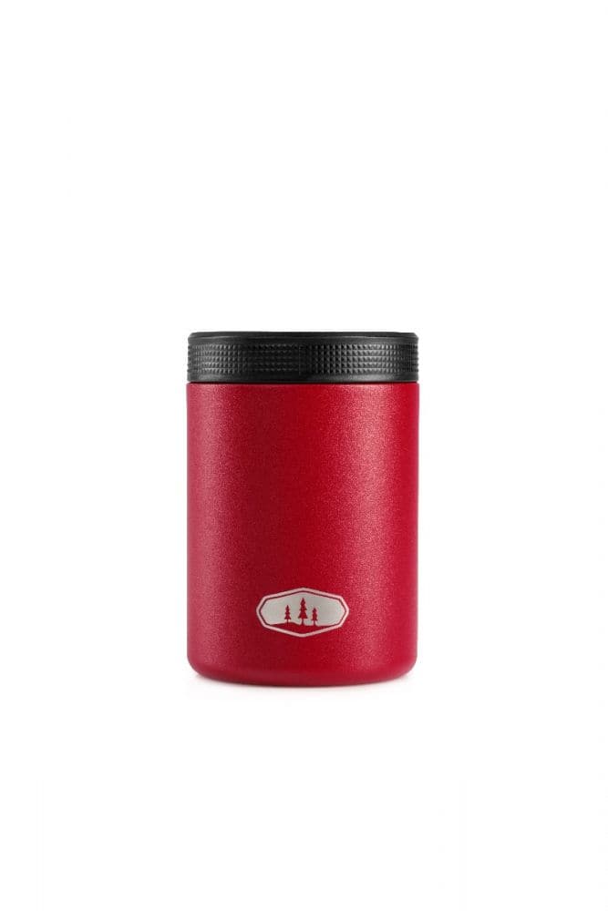 GSI Outdoors' red Standard Can Cozy with black lid features double-wall insulation, a small white tree logo, and is BPA-free for safe use.