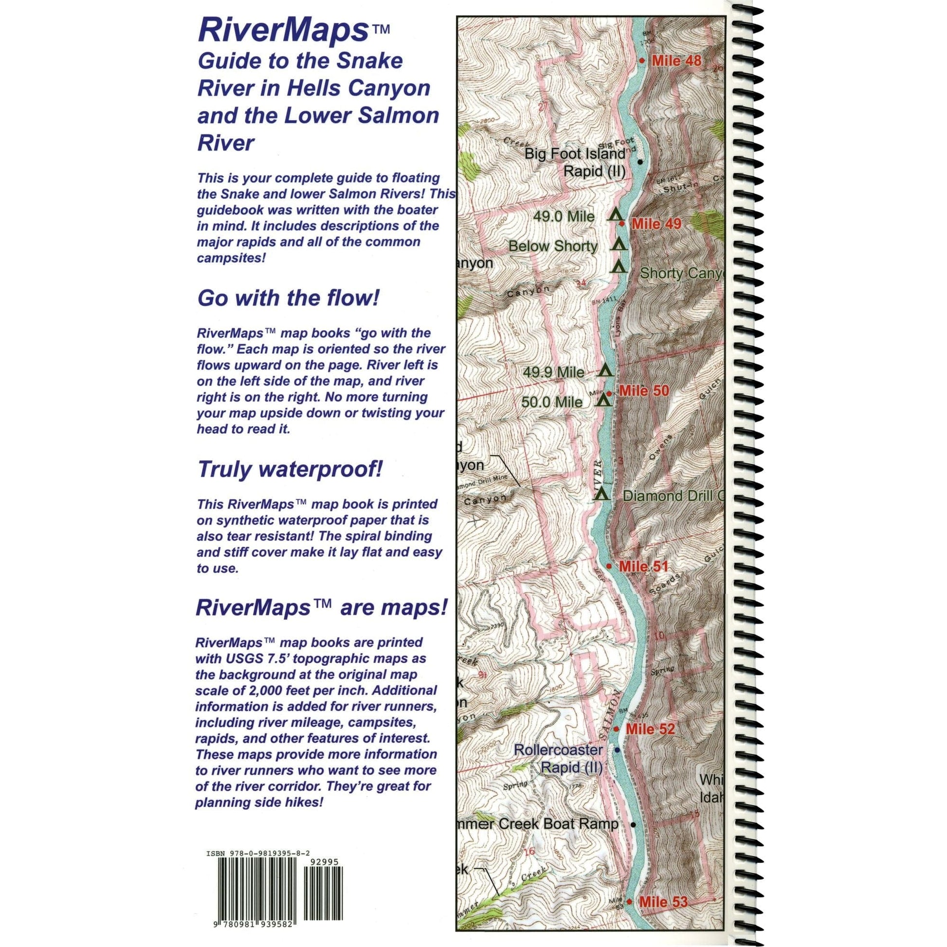 Featuring the Snake & Lower Salmon River Guide Book guide book manufactured by Rivermaps shown here from a second angle.
