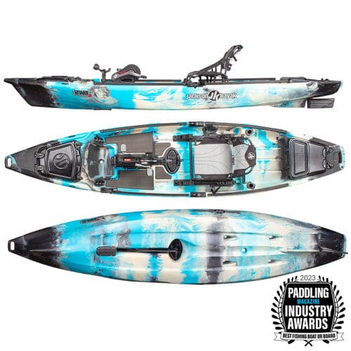 A fishing boat with a blue and white design, Jackson Kayak Knarr FD 13'9.