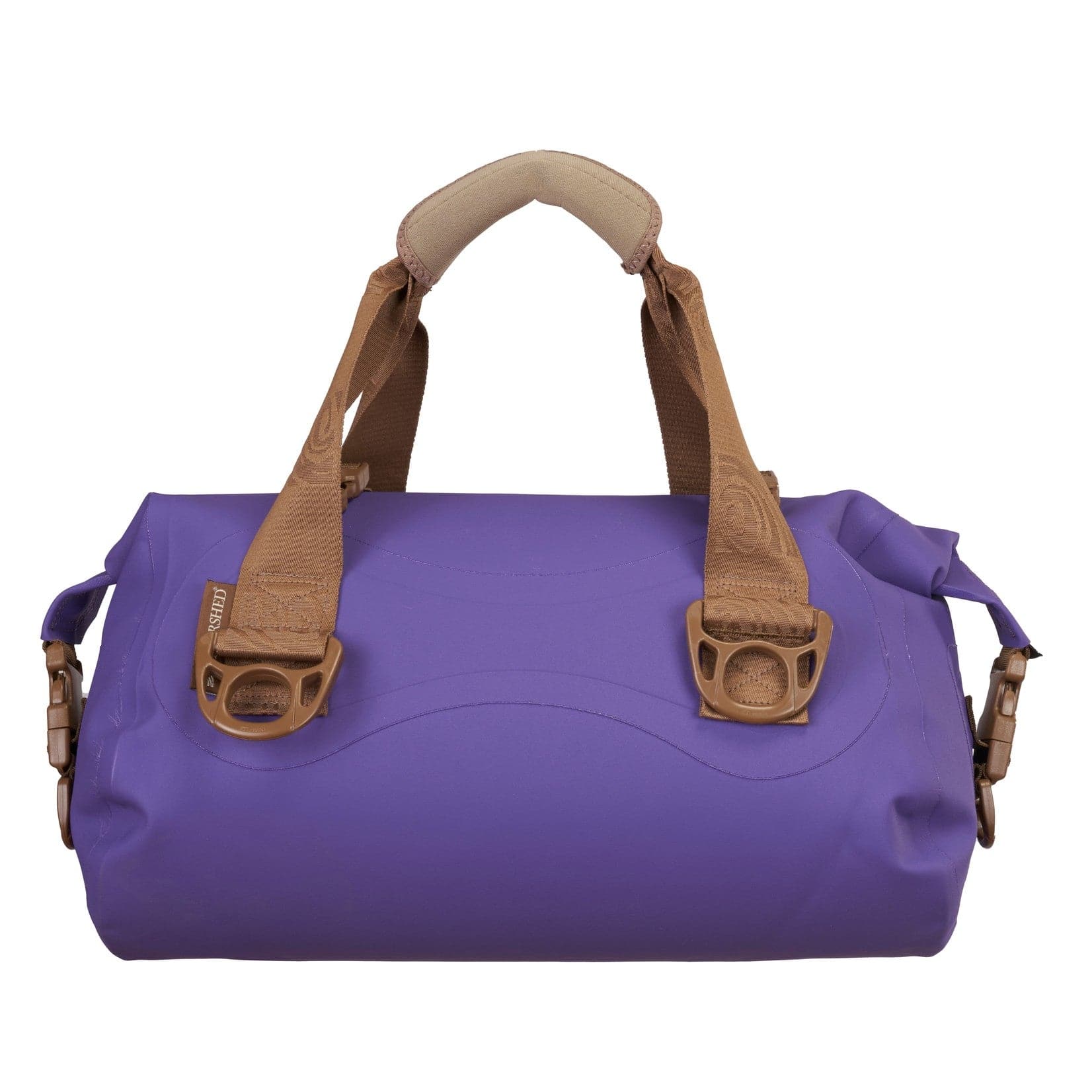 a purple duffel bag with a brown handle.