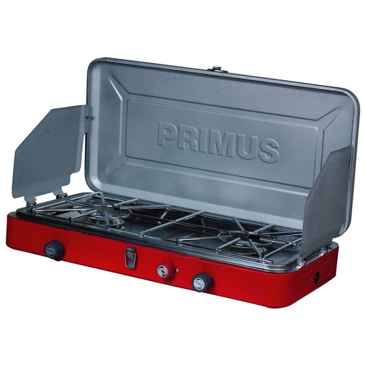 Featuring the Primus Profile 2-Burner Camp Stove kitchen manufactured by NRS shown here from one angle.