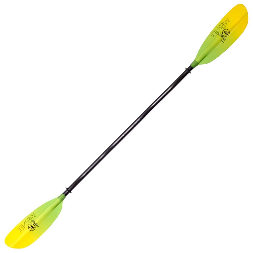 The Aventir double-ended kayak paddle has vibrant yellow and green fiberglass blades on a sleek black shaft. Inspired by the Werner Paddles' Camano low-angle blade design, it ensures an efficient touring experience.