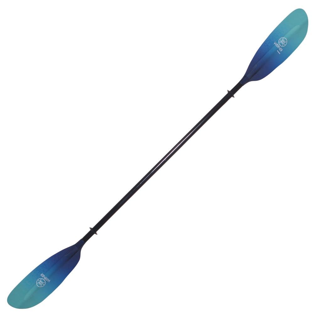 The Werner Paddles Camano kayak paddle, with its blue and black low-angle blade, is shown against a white background.