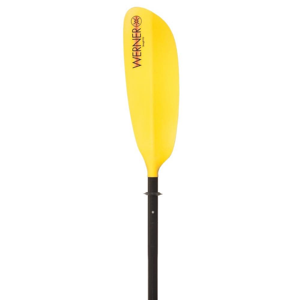 The Skagit FG Werner Paddles' touring kayak paddle has a yellow blade, durable black fiberglass shaft, and an adjustable ferrule system, expertly designed for kayaking.