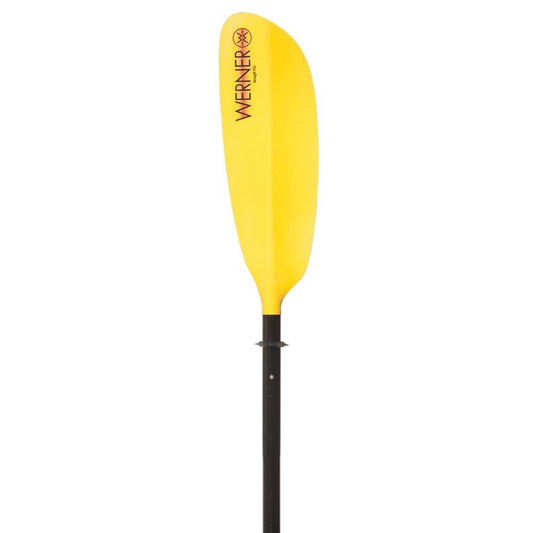 The Skagit FG Werner Paddles' touring kayak paddle has a yellow blade, durable black fiberglass shaft, and an adjustable ferrule system, expertly designed for kayaking.
