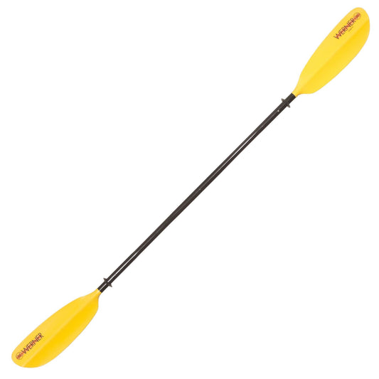 The Skagit FG by Werner Paddles, a yellow touring kayak paddle with double blades, a black fiberglass shaft, and an adjustable ferrule system, is set against a white background.