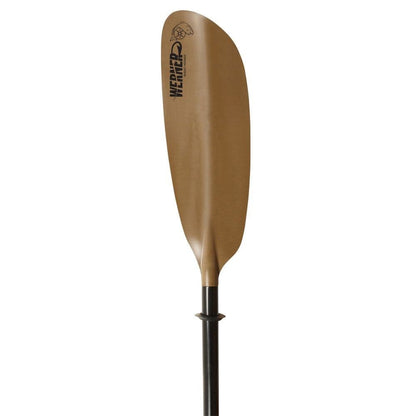 A Skagit Hooked kayak paddle from Werner Paddles, featuring a fiberglass shaft and adjustable ferrule system, comes in brown.