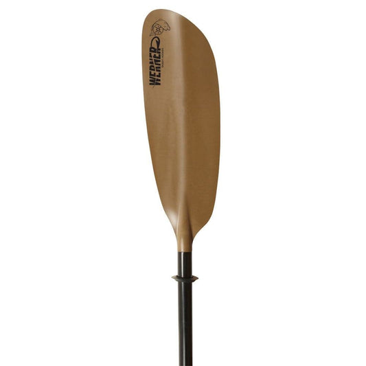 A Skagit Hooked kayak paddle from Werner Paddles, featuring a fiberglass shaft and adjustable ferrule system, comes in brown.