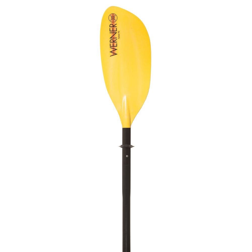 Discover the Tybee FG by Werner Paddles, featuring yellow fiberglass reinforced nylon blades and a sleek black shaft. Its Smart View Adjustable ferrule ensures a perfect fit for seamless water adventures.