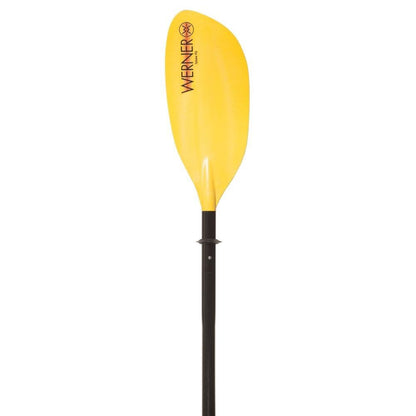 Discover the Tybee FG by Werner Paddles, featuring yellow fiberglass reinforced nylon blades and a sleek black shaft. Its Smart View Adjustable ferrule ensures a perfect fit for seamless water adventures.