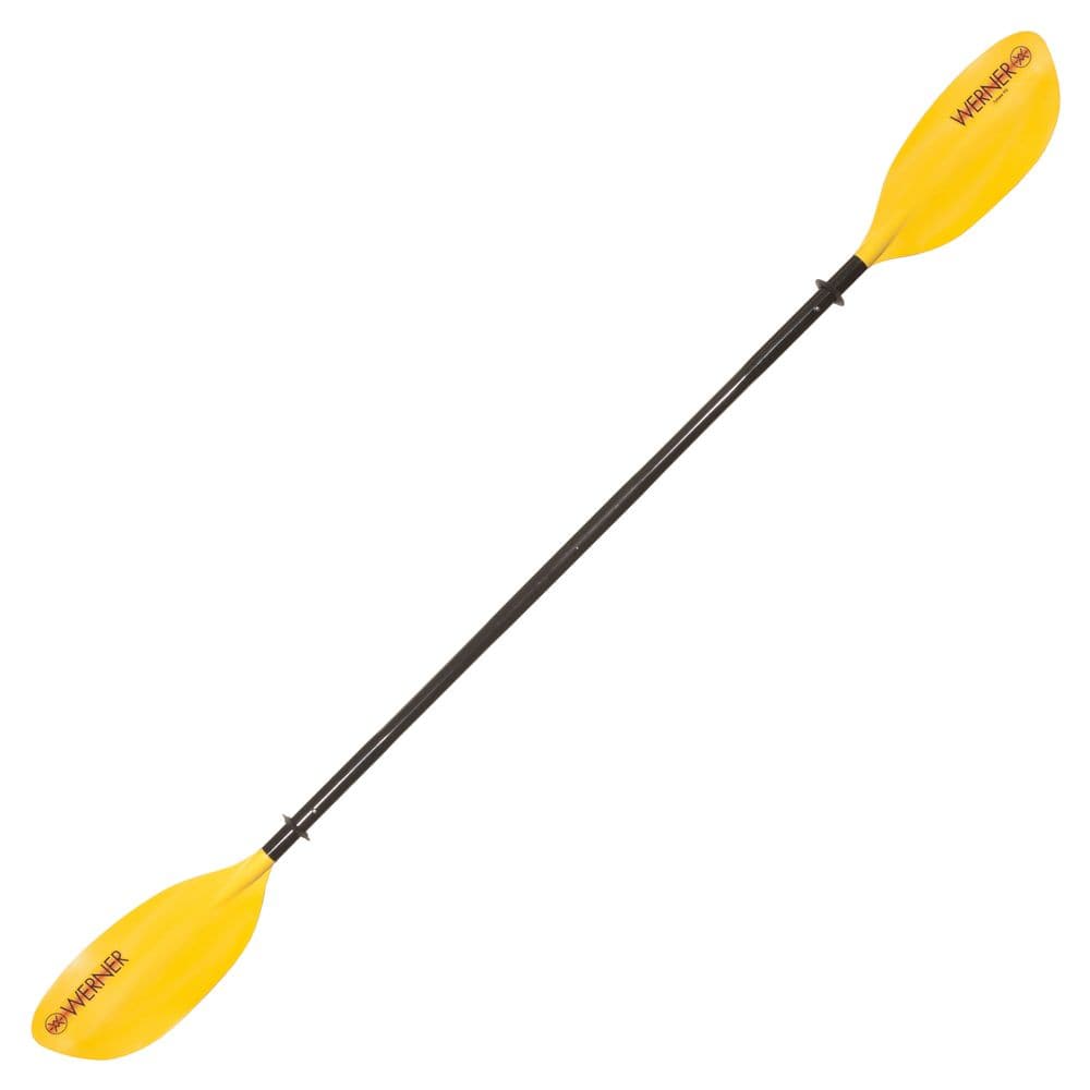 The Werner Paddles Tybee FG features yellow fiberglass-reinforced nylon blades, a black shaft, and a Smart View Adjustable ferrule for precision, all set against a white background.