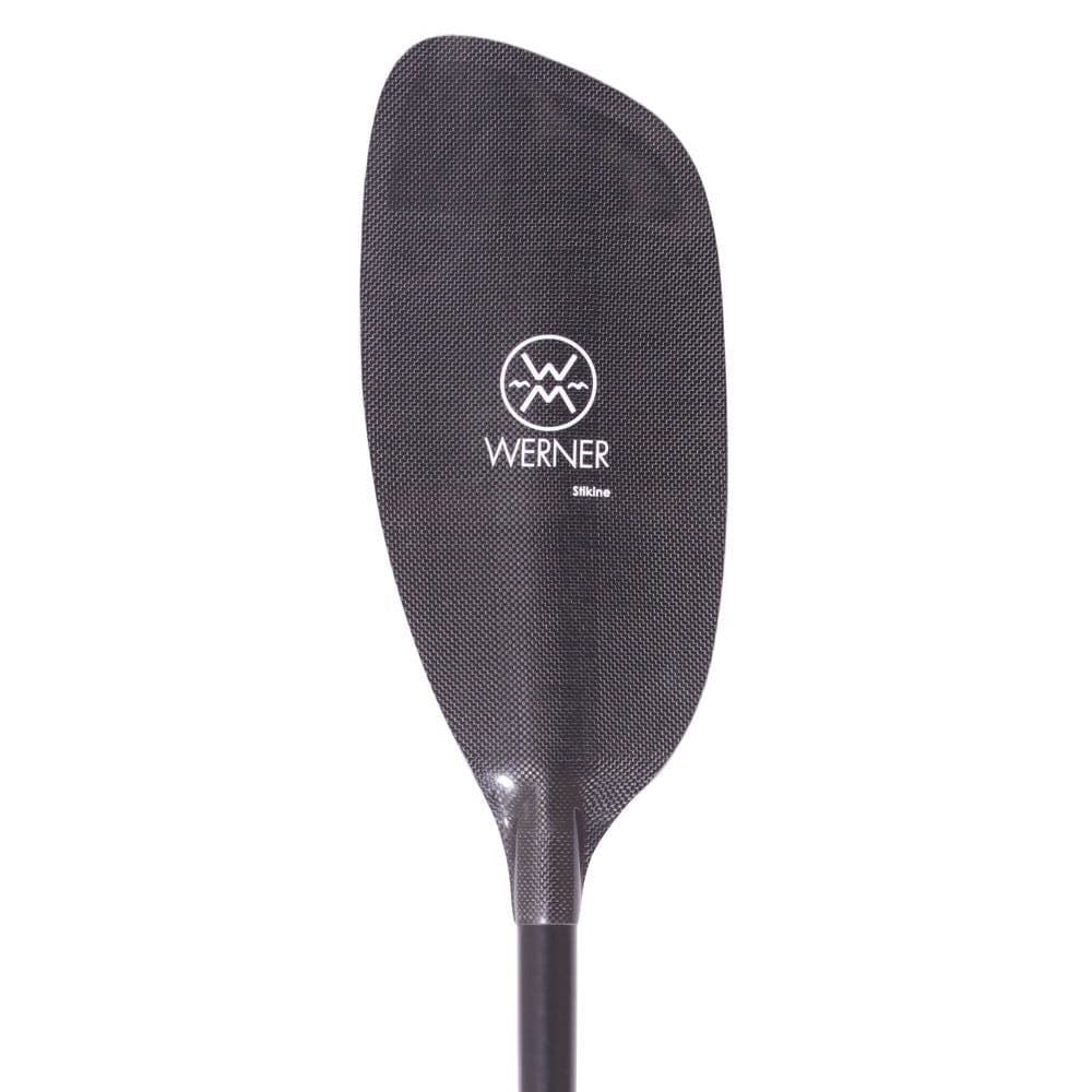 Featuring the Stikine carbon fiber whitewater paddle manufactured by Werner shown here from one angle.