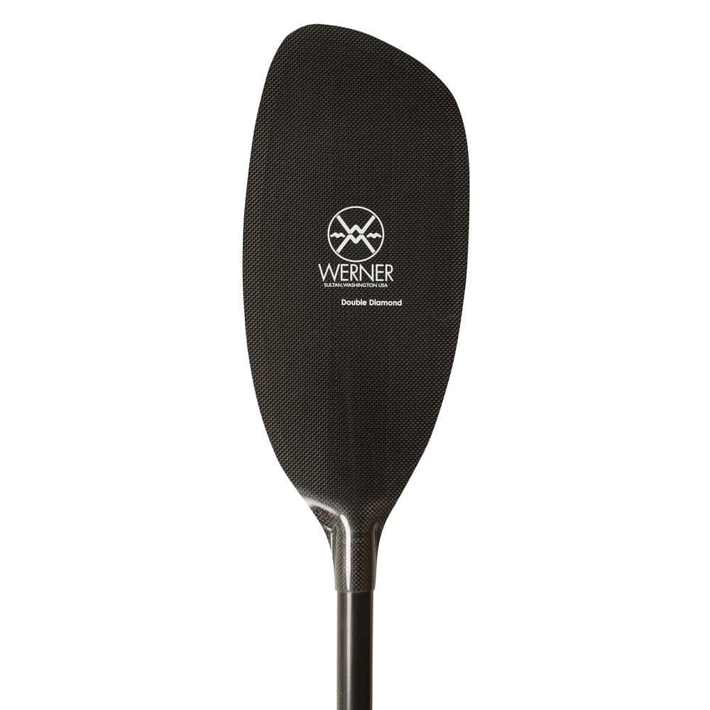 Featuring the Double Diamond carbon fiber whitewater paddle manufactured by Werner shown here from one angle.