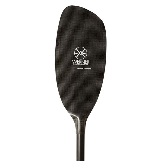 Close-up of the Werner Paddles Double Diamond kayak paddle blade, featuring its play boating design with a central logo and text.