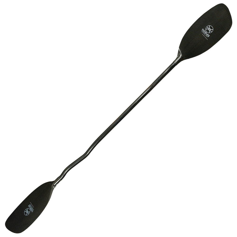 Featuring the Double Diamond carbon fiber whitewater paddle manufactured by Werner shown here from a third angle.