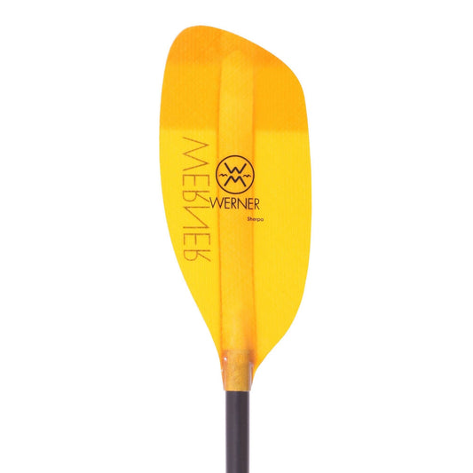 Featuring the Sherpa fiberglass whitewater paddle manufactured by Werner shown here from one angle.