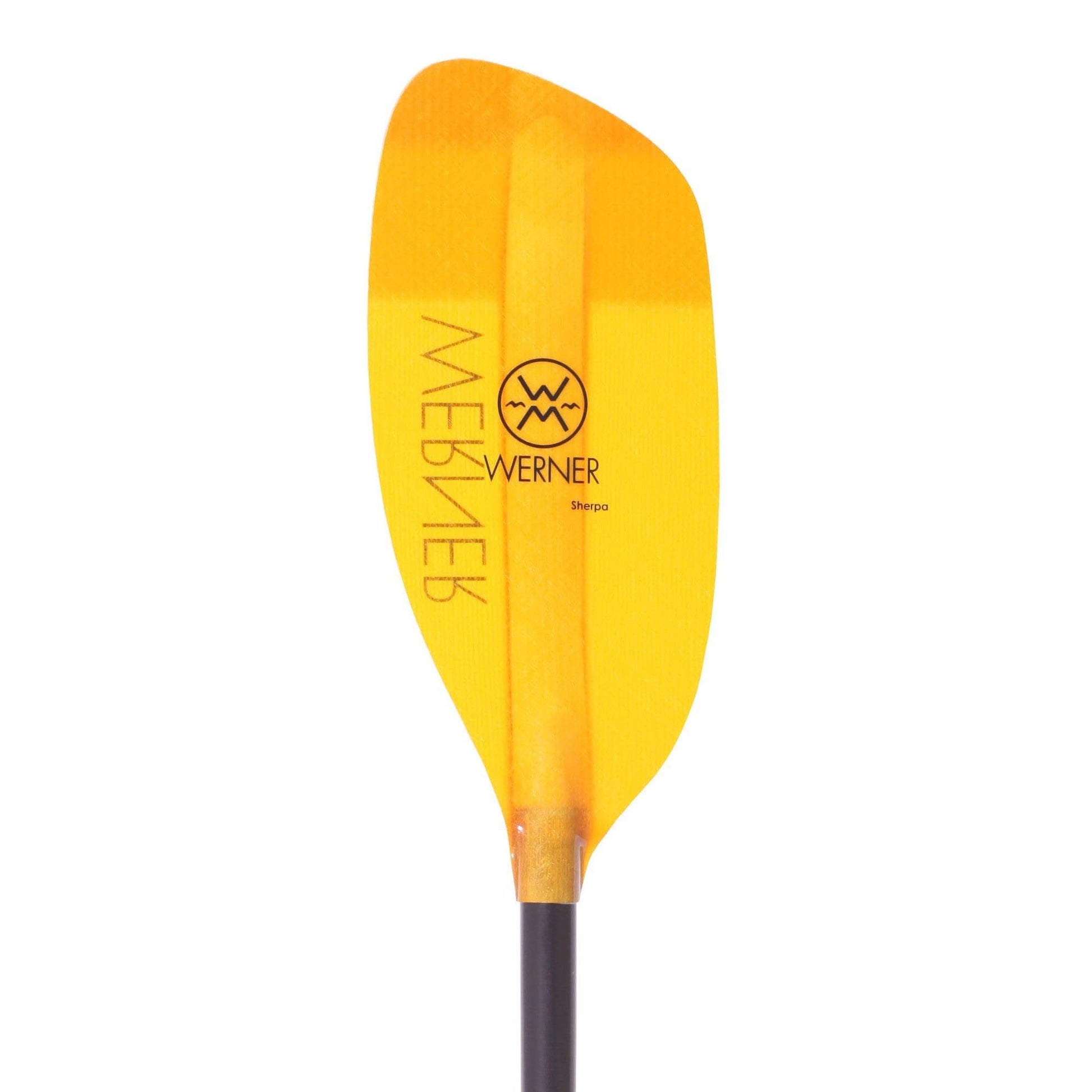Featuring the Sherpa 2-Piece Kayak Paddle breakdown paddle, fiberglass whitewater paddle, hand paddle, ik paddle, pack raft paddle manufactured by Werner shown here from one angle.