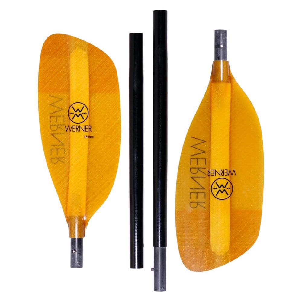 Featuring the Sherpa 4-Piece breakdown paddle, ik paddle, pack raft paddle manufactured by Werner shown here from one angle.