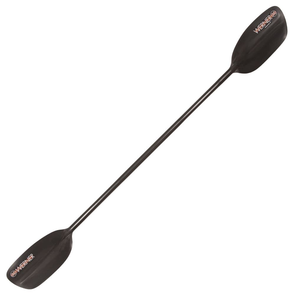 Conquer the rapids with the Desperado paddle by Werner Paddles, featuring black double-ended carbon reinforced nylon blades, a robust fiberglass shaft, and sleek logos near each blade.