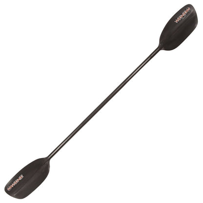 Conquer the rapids with the Desperado paddle by Werner Paddles, featuring black double-ended carbon reinforced nylon blades, a robust fiberglass shaft, and sleek logos near each blade.