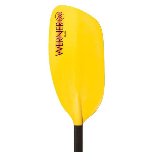 Featuring the Rio entry level whitewater paddle manufactured by Werner shown here from one angle.