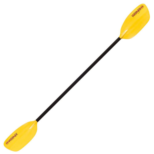 The Rio 2-Piece Paddle by Werner Paddles is a yellow kayak paddle with a durable fiberglass shaft and black blades featuring "Werner" logos, ideal for river running and those needing a reliable Whitewater Kayak Paddle for navigating challenging waters.