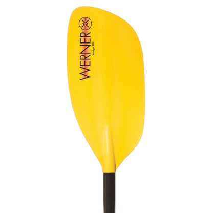 The Amigo kayak paddle by Werner Paddles features a yellow blade, black fiberglass shaft, and "WERNER" printed on the blade. Ideal for smaller paddlers and perfect for whitewater adventures.