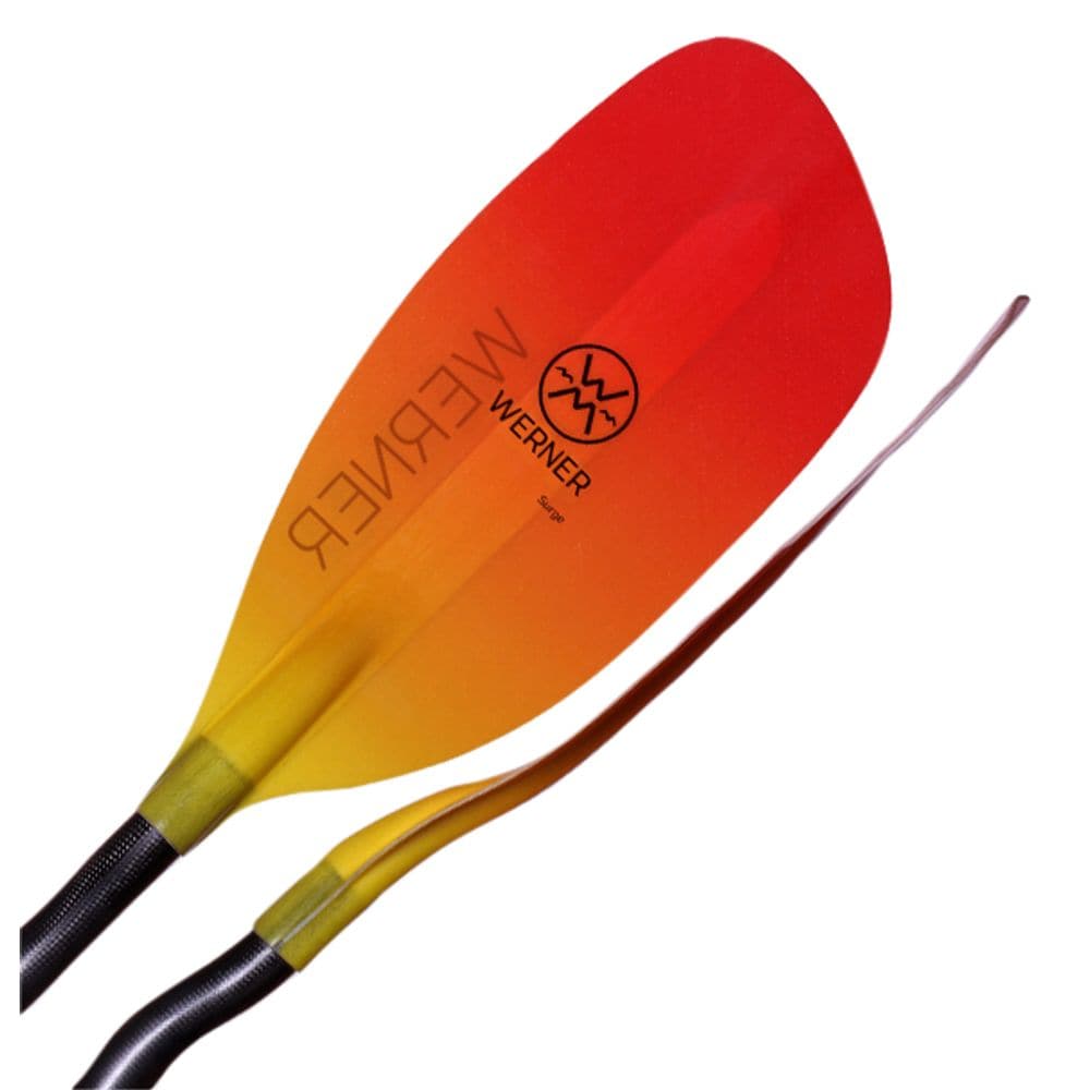 Featuring the Surge fiberglass whitewater paddle manufactured by Werner shown here from a third angle.