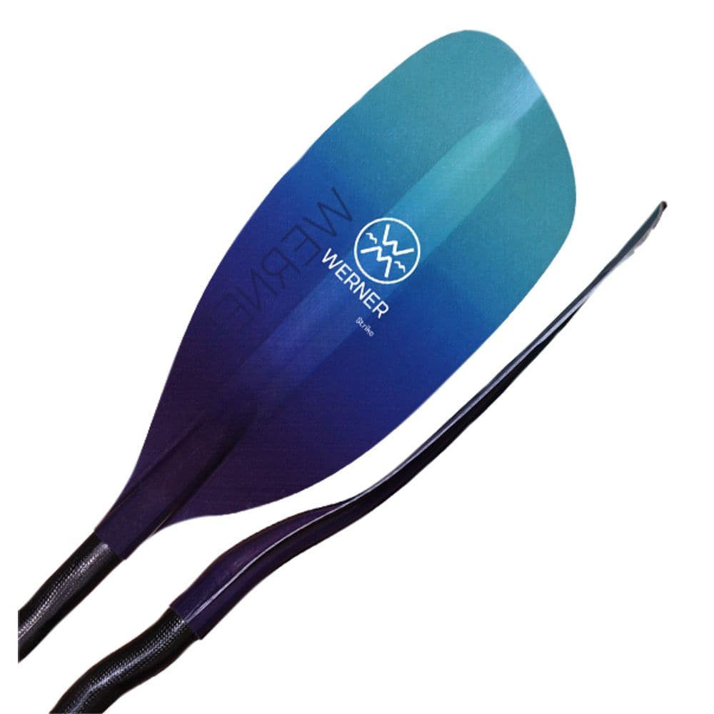 The Werner Paddles "Strike" features two blue kayak paddles with curved shafts and fiberglass construction, showcasing the reliability of its design, ideal for whitewater adventures.