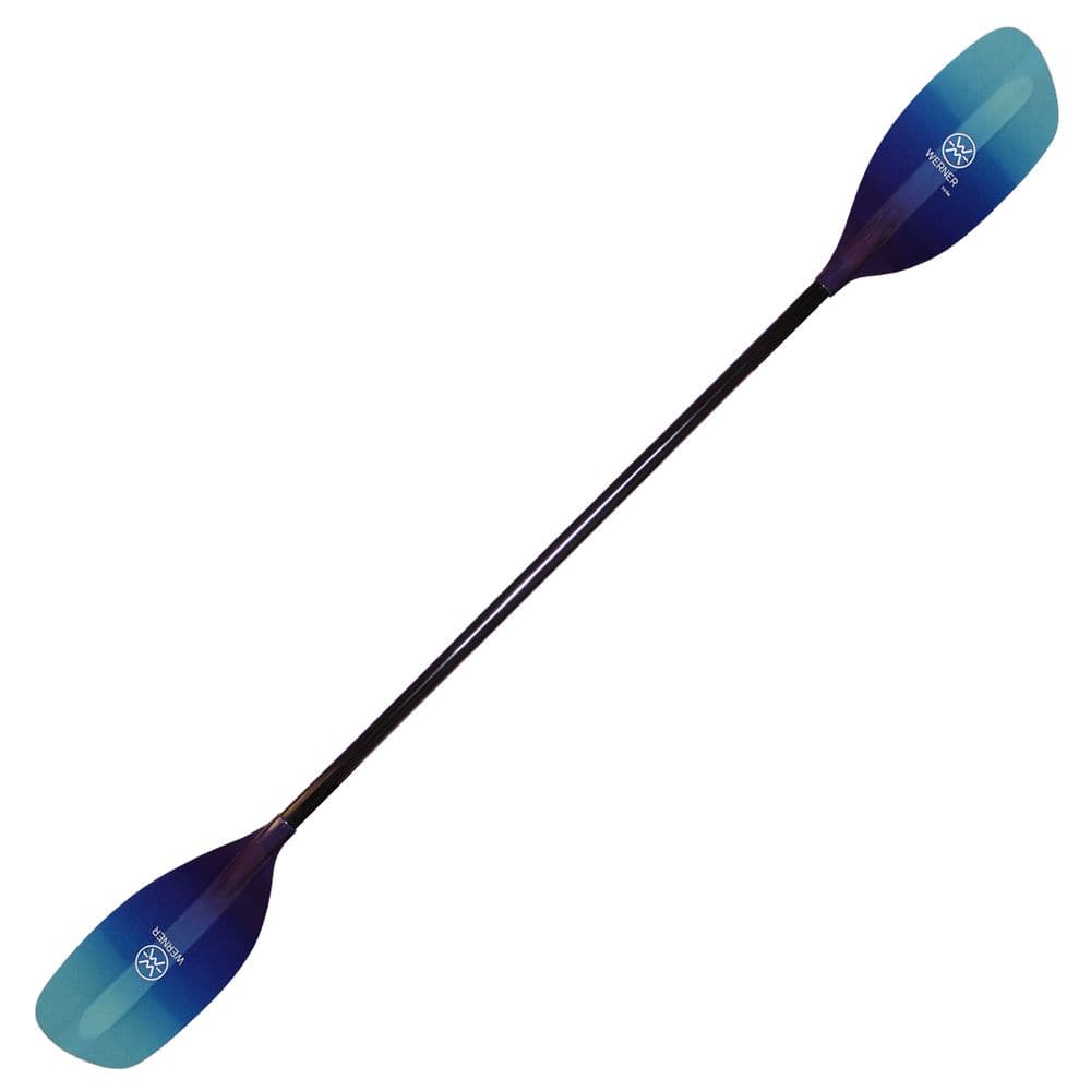 The Werner Paddles Strike kayak paddle has a durable black fiberglass shaft and vibrant blue blades.