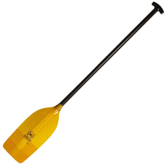 The Werner Paddles Bandit is a yellow canoe paddle with a black fiberglass shaft, T-grip, and brand logo near the blade, crafted for optimal water performance.