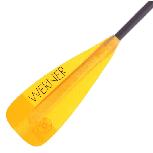 Yellow Werner Paddles Session blade with logo, featuring an adjustable black shaft for whitewater use.