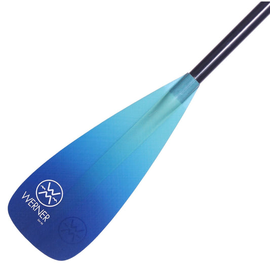 The Zen 95 Travel SUP Paddle by Werner Paddles features fiberglass blades and a black handle with the "Werner" logo. It is lightweight and ideal for adventures, providing an efficient adjustable system for optimal comfort and performance.