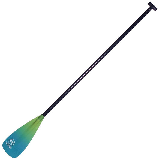The Zen 85 - Travel SUP Paddle by Werner Paddles is a lightweight paddle with a long black shaft and a blue to green gradient blade, perfect for adapting to your paddling needs.